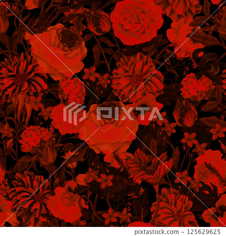 Seamless floral pattern with oil painting rococo still-lifes flowers. Vector. Seamless floral pattern with oil painting rococo still-lifes flowers. Vector. 125629625