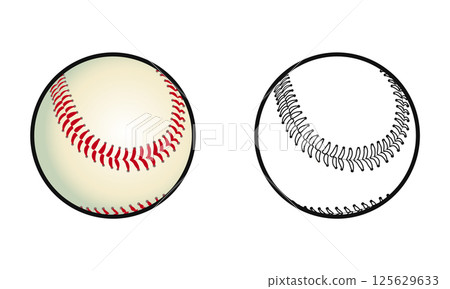 Two contrasting Baseball illustrations one with color and a black and white outline, side by side. 125629633