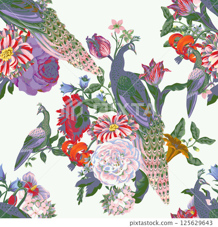 Seamless pattern with peacock and painting rococo still-lifes flowers. Vector. 125629643