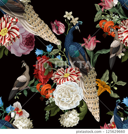 Seamless pattern with peacock and painting rococo still-lifes flowers. Vector. 125629660