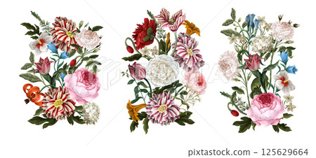 Bouquets with oil painting rococo still-lifes flowers. Vector. 125629664