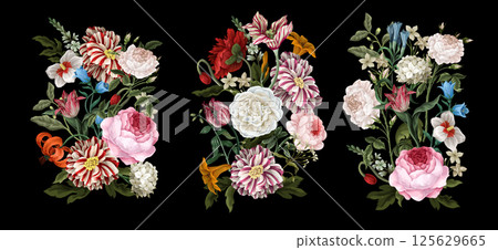 Bouquets with oil painting rococo still-lifes flowers. Vector. Bouquets with oil painting rococo still-lifes flowers. Vector. 125629665