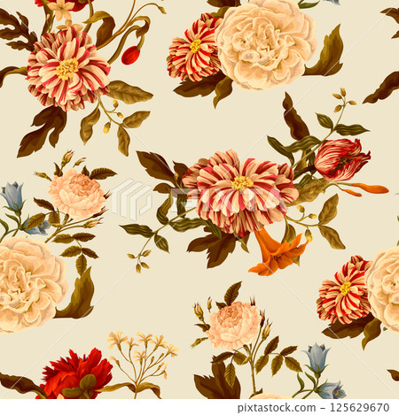 Seamless floral pattern with oil painting rococo still-lifes flowers. Vector. Seamless floral pattern with oil painting rococo still-lifes flowers. Vector. 125629670