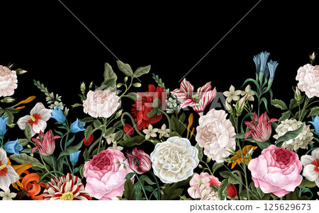 Border pattern with oil painting rococo still-lifes flowers. Vector. Border pattern with oil painting rococo still-lifes flowers. Vector. 125629673