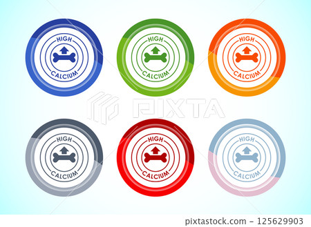 High calcium icon design illustration, High calcium label, logo, sign, symbol, 6 color button design set 125629903