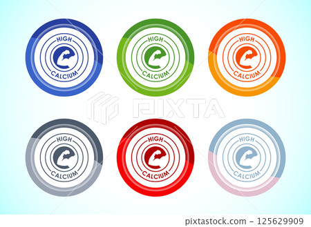 High calcium icon design illustration, High calcium label, logo, sign, symbol, 6 color button design set 125629909