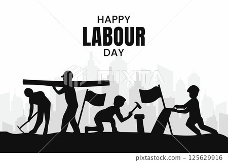 Labour Day Celebration with Worker Silhouettes and City Skyline 125629916