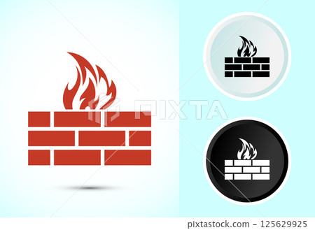 Firewall icon design illustration. Brick wall and fire icon, Internet security sign symbol in color black and white Firewall icon design illustration. Brick wall and fire icon, Internet security sign symbol in color black and white 125629925