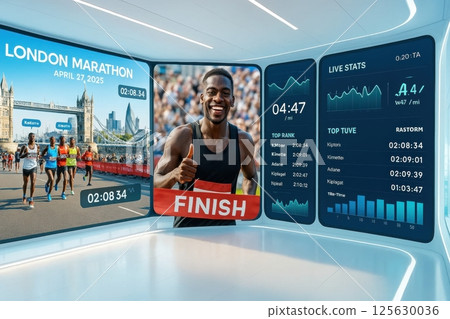 Smiling marathon runner crosses finish line as digital interface tracks real-time rankings, statistics, and pacing metrics. Smiling marathon runner crosses finish line as digital interface tracks real-time rankings, statistics, and pacing metrics. 125630036