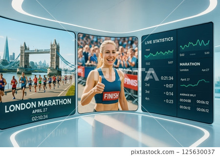 Advanced race analysis wall presents live feed from urban marathon, smiling finisher, and interactive performance charts. Advanced race analysis wall presents live feed from urban marathon, smiling finisher, and interactive performance charts. 125630037