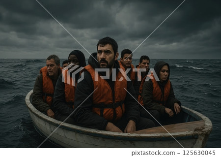 A small group of people in a lifeboat on a turbulent sea under a stormy sky, symbolizing migration and struggle 125630045