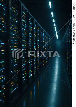 Dimly lit server room signifying technological backbone amid economic crisis. 125630058