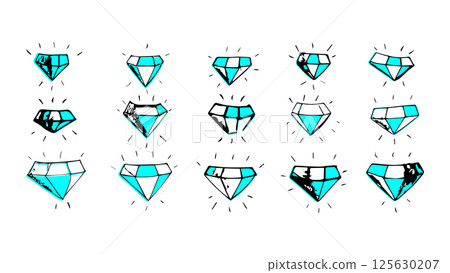 Set of cartoon crystals on white background, collection of hand drawn ink crystals, turquoise crystals with glitter of different shapes and sizes, abstract grunge crystals for design and decoration Set of cartoon crystals on white background, collection of hand drawn ink crystals, turquoise crystals with glitter of different shapes and sizes, abstract grunge crystals for design and decoration 125630207