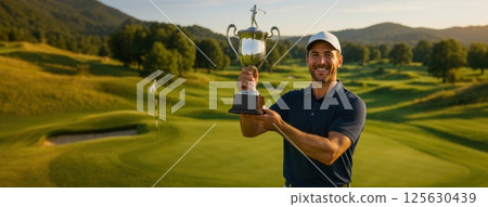 Banner. Smiling golfer in navy shirt proudly raises silver trophy on scenic golf course at sunset with hills in background. 125630439