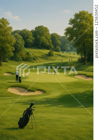 Scenic photo of lush green golf course with sharp-edged bunkers and wide fairway, lit by sun. Empty golf course. 125630452