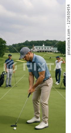 Male golfer, dressed vintage outfit, concentrates on putting stroke while others watch in background on lush green course. 125630454