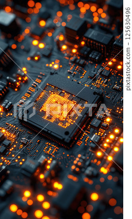 Vibrant close-up of a computer processor, illuminating modern technology and innovation. 125630496