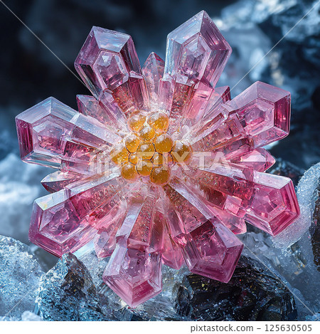 A detailed photograph of a stunning pink crystal formation with a bright, central golden core. 125630505