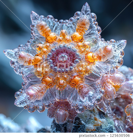 An exquisite macro shot reveals a detailed ice crystal with stunning color, symmetry, and unique features. 125630506