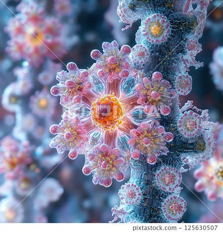 Beautiful macro of a complex, floral-like structure in dreamy pinks, purples, and blues. 125630507