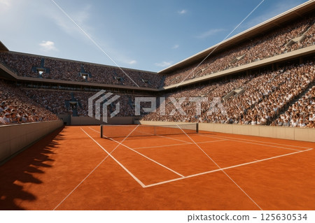 Clay tennis court surrounded by packed audience viewed from player perspective captures intensity of professional match under blue sky. 125630534