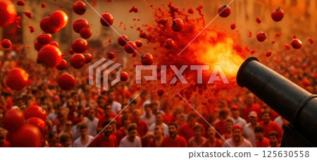Surreal depiction of traditional Spanish festival. A huge cannon fires fresh tomatoes into a crowd of celebrating, joyful people. Surreal depiction of traditional Spanish festival. A huge cannon fires fresh tomatoes into a crowd of celebrating, joyful people. 125630558