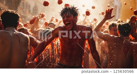 Young man laughing with wide open mouth, shirtless, drenched in tomato pulp, surrounded by splashing chaos. 125630566