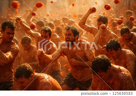 Group of shirtless men shouting, fists raised, surrounded by flying tomatoes in intense energy of festival battle. 125630583