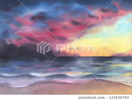 Vibrant sunset over a tranquil ocean, painted in soft watercolor hues of gold, pink, and purple. Ideal for travel posters, wall art, branding, social media. A serene, dreamy backdrop for any project. 125630769