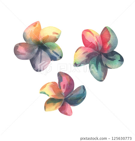 Vibrant watercolor plumeria silhouettes set, three tropical flowers hand-painted in juicy colors. Perfect for summer designs, invitations, and exotic-themed projects. Vibrant watercolor plumeria silhouettes set, three tropical flowers hand-painted in juicy colors. Perfect for summer designs, invitations, and exotic-themed projects. 125630773