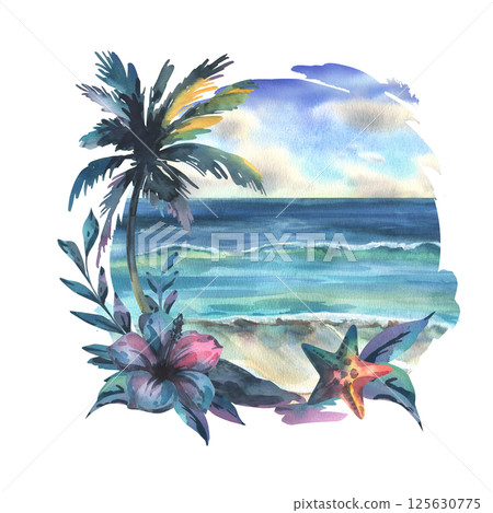 Seascape daytime with sky, sea and shore in the form of a circle decorated with palm trees, starfish, flowers and leaves. Watercolor illustration hand drawn. Arrangement isolated from the background. Seascape daytime with sky, sea and shore in the form of a circle decorated with palm trees, starfish, flowers and leaves. Watercolor illustration hand drawn. Arrangement isolated from the background. 125630775