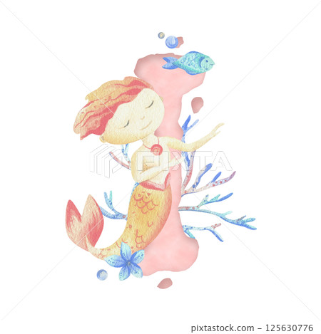 Capital letter of the Latin alphabet I with a mermaid and seaweed, corals, shells, bubbles. In gentle pastel colors of blue, turquoise, coral and pink. Watercolor illustration hand-drawn. Composition Capital letter of the Latin alphabet I with a mermaid and seaweed, corals, shells, bubbles. In gentle pastel colors of blue, turquoise, coral and pink. Watercolor illustration hand-drawn. Composition 125630776