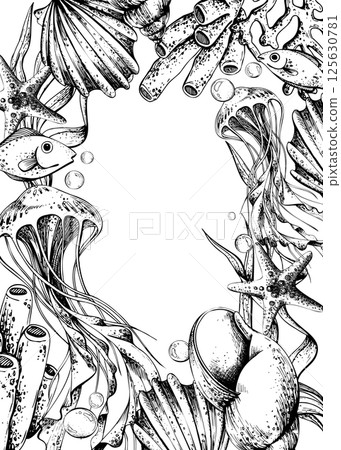 Jellyfish, corals, sea sponges, algae, shells, starfish and bubbles. Hand drawn graphic illustration in black and white color line art. Frame template vertical for text on marine theme 125630781