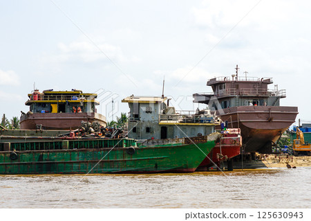Old ship dismantling site in the Mekong River Delta, Vietnam 125630943