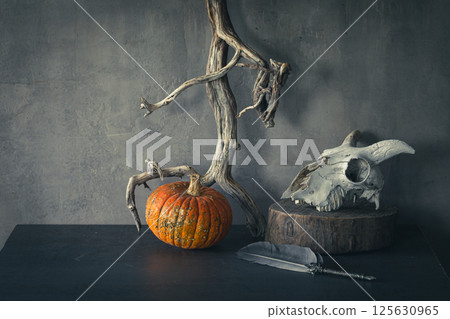Pumpkin, goats skull and atmospheric driftwood on the table, copy space. 125630965