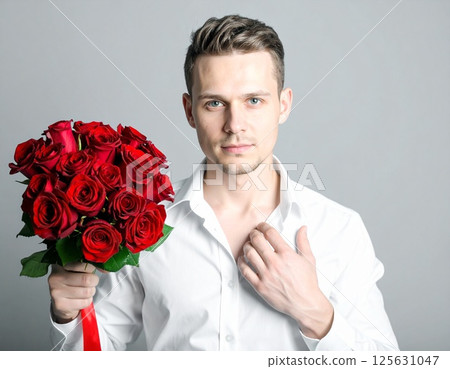 一位身穿襯衫的白人男子手捧一束玫瑰花 一位身穿襯衫的白人男子手捧一束玫瑰花 125631047