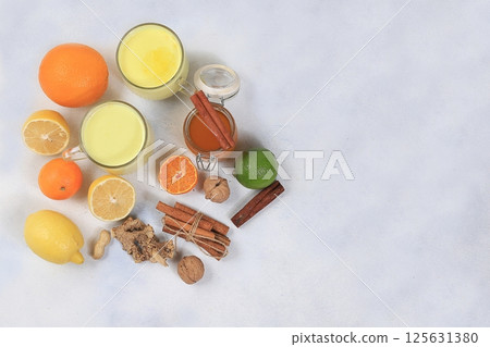 Healthy natural food during flu and colds. Selection of fresh fruits with vitamin C and natural ingredients to strengthen the immune system Organic products to protect against viruses, selective focus 125631380
