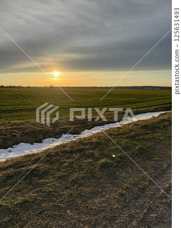Golden sunset over a green field with last traces of snow 125631493