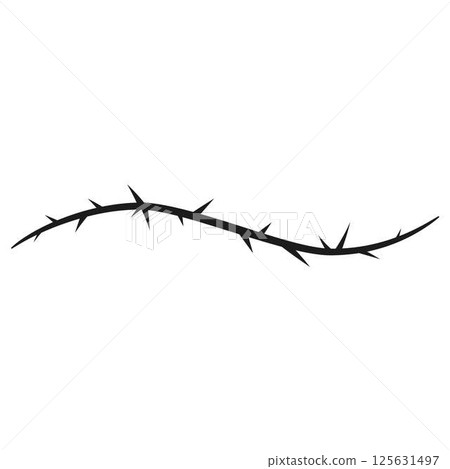 Vector illustration of a prickly, black, curved blackthorn branch with sharp thorns. 125631497