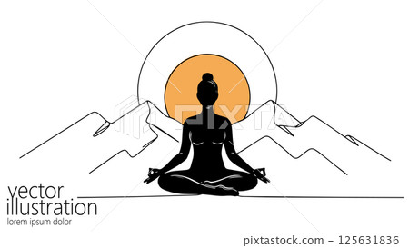 Yoga woman meditating against sunrise mountains. Silhouette pose lotus position relaxation outdoor zen. Wellness apps mindful meditation. Minimalist line art white background. 125631836