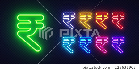 Rupee symbol in neon style with central green figure and glowing colored rows. Surrounding hues include yellow, red, orange, purple, and more. Rupee symbol in neon style with central green figure and glowing colored rows. Surrounding hues include yellow, red, orange, purple, and more. 125631905