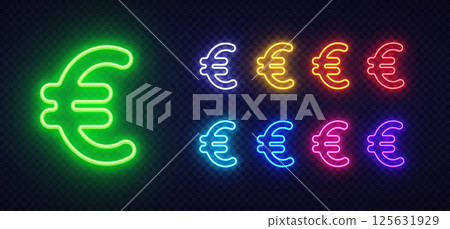 Euro sign in neon design featuring a bold green version and five vibrant color duplicates. Electric glow pops against the dark dotted background. Euro sign in neon design featuring a bold green version and five vibrant color duplicates. Electric glow pops against the dark dotted background. 125631929
