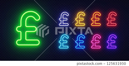 Pound symbol glowing in neon light with multiple color versions beside the main green icon. Bright rows of red, yellow, violet, and cyan create contrast. Pound symbol glowing in neon light with multiple color versions beside the main green icon. Bright rows of red, yellow, violet, and cyan create contrast. 125631930