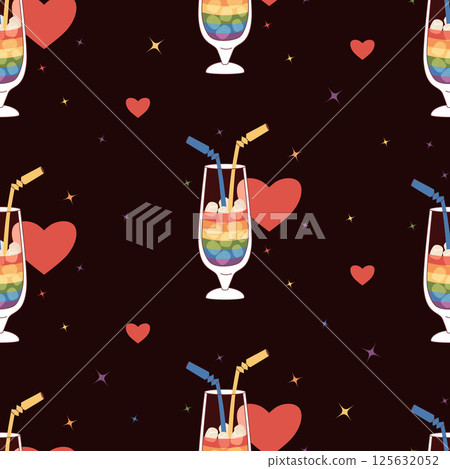 Seamless Pattern. Rainbow Pride Cocktail with Straws and ice cubes on black background with hearts. Colorful LGBTQ Celebration Drink, LGBT community. Trendy Holiday backdrop. Vector illustration 125632052
