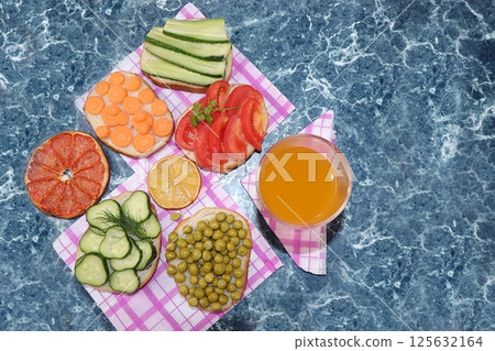 Diet vegan mini sandwiches with soft cottage cheese and fresh vegetables, cucumber, tomato, sweet pepper, egg and spices, Healthy breakfast with ingredients. healthy and natural food concept, 125632164