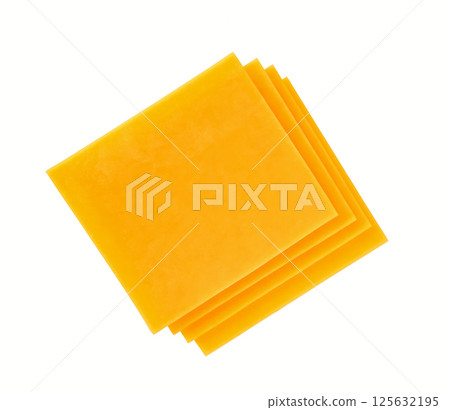 Stack of cheddar cheese slices, sliced natural cheese cheddar isolated on a white background, top view. Stack of cheddar cheese slices, sliced natural cheese cheddar isolated on a white background, top view. 125632195
