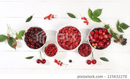 Harvesting in the village,banner with summer fresh cherries,currants and raspberries on a light wooden background with leaves,banner and shop advertisement,healthy natural food concept,breakfast with 125632278