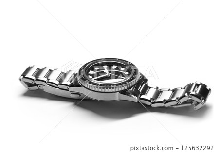 A detailed image of isolated shiny watch with a metallic bracelet 125632292