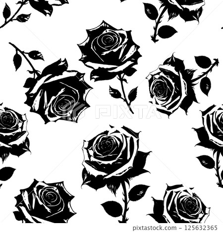 black and white seamless pattern of rose flowers, texture, design 125632365