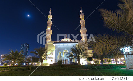 Al Noor Mosque in Sharjah at night timelapse hyperlapse. United Arab Emirates 125632814